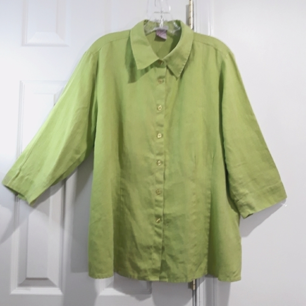 Cali Cali Shirt Plus 100% Linen Half Sleeve Button Down Collared Green Size 1X